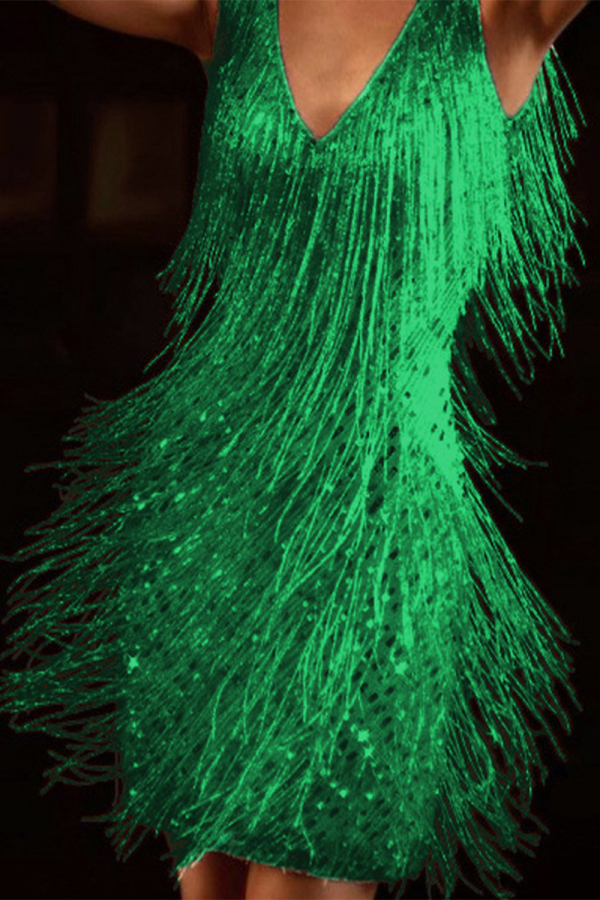 Green Fashion Elegant Solid Tassel Patchwork V Neck Evening Dress Dresses