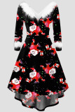 Red Casual Print Patchwork Feathers V Neck A Line Dresses