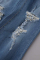 Blue Casual Solid Ripped Patchwork High Waist Boot Cut Denim Jeans