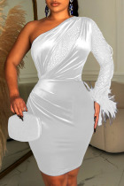 White Sexy Solid Patchwork Feathers Hot Drill Pencil Skirt Dresses