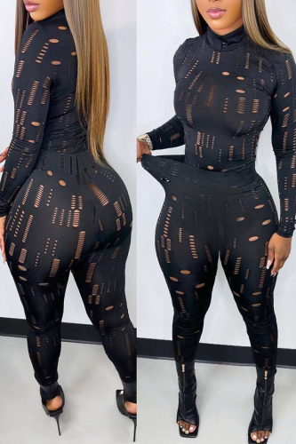 Black Casual Solid Hollowed Out Patchwork Half A Turtleneck Long Sleeve Two Pieces