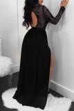 Black Sexy Formal Patchwork Sequins See-through Backless Slit O Neck Evening Dress Dresses