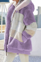 Purple Casual Street Striped Print Patchwork Zipper Hooded Collar Outerwear