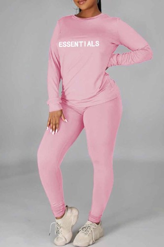 Pink Casual Print Letter O Neck Long Sleeve Two Pieces