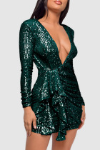Ink Green Sexy Solid Sequins Patchwork Flounce V Neck One Step Skirt Dresses