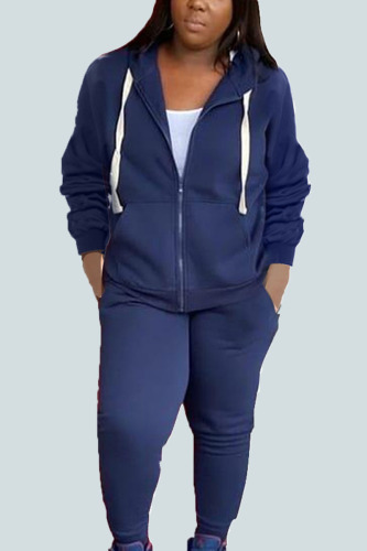 Dark Blue Sportswear Solid Patchwork Hooded Collar Plus Size Two Pieces