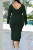 Army Green Fashion Casual Solid Basic V Neck Long Sleeve Plus Size Dresses