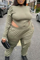Army Green Casual Solid Patchwork O Neck Plus Size Two Piece Set