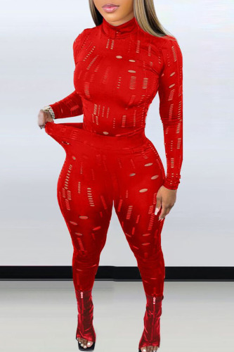 Red Casual Solid Hollowed Out Patchwork Half A Turtleneck Long Sleeve Two Pieces