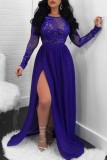 Blue Sexy Formal Patchwork Sequins See-through Slit O Neck Evening Dress Dresses