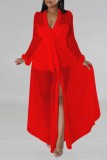 Red Sexy Casual Solid Patchwork See-through V Neck Regular Jumpsuits