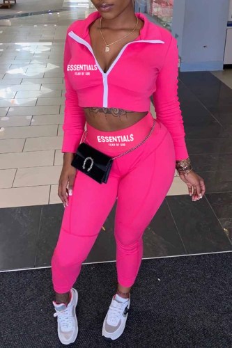 Rose Red Sportswear Print Letter Zipper Collar Long Sleeve Two Pieces