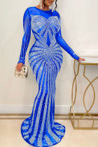 Blue Sexy Formal Hot Drilling Sequined O Neck Trumpet Mermaid Dresses