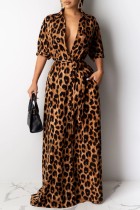Leopard Print Casual Leopard Patchwork V Neck Long Dress Dresses