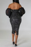 Black Sexy Formal Patchwork Sequins Backless Off the Shoulder Evening Dress Dresses