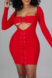 Red Sexy Solid Hollowed Out Frenulum Square Collar Long Sleeve Dresses