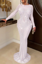 White Sexy Formal Hot Drilling Sequined O Neck Trumpet Mermaid Dresses