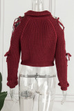 Burgundy Casual Solid Bandage Hollowed Out Patchwork Turtleneck Tops