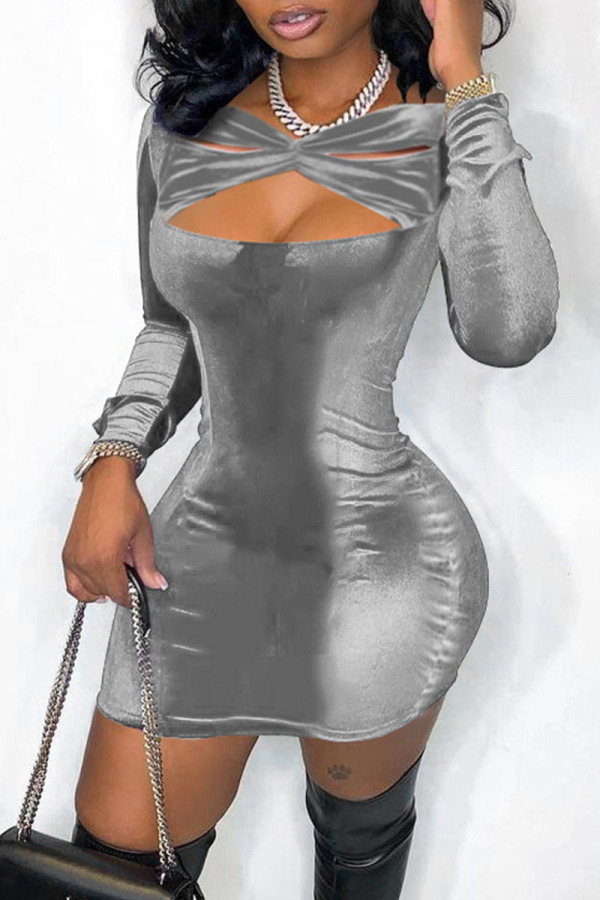 Silver Gray Sexy Solid Patchwork Asymmetrical Collar Pencil Skirt Dresses