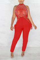 Red Sexy Hot Drilling Sequined Halter Skinny Jumpsuits