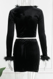Black Sexy Solid Feathers V Neck Long Sleeve Two Pieces