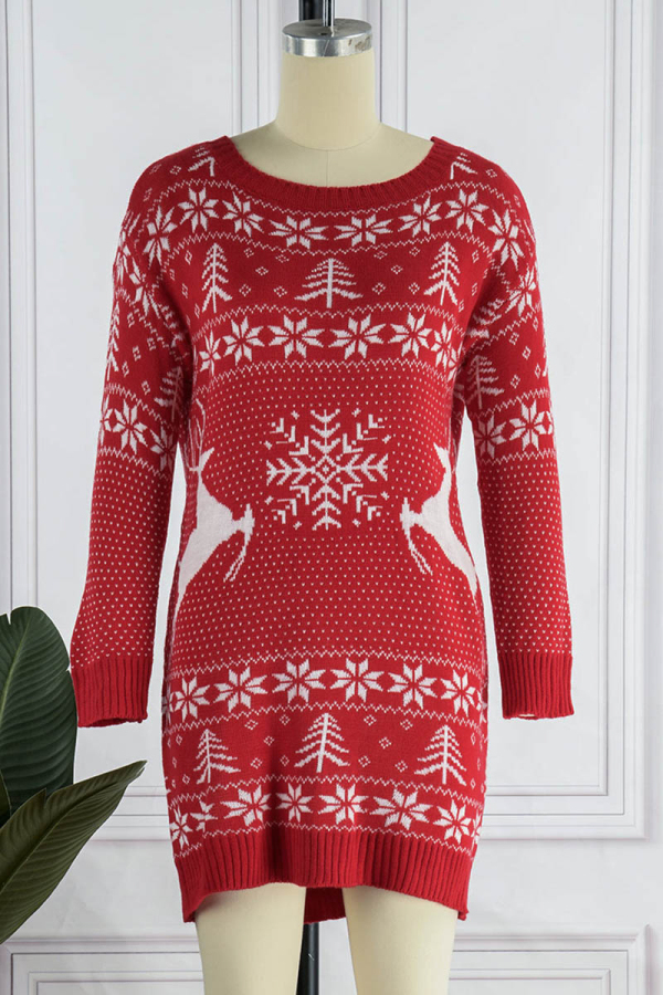 Casual Snowflakes Christmas Tree Buttons Weave Contrast V Neck Outerwear