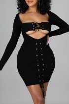 Black Sexy Solid Hollowed Out Frenulum Square Collar Long Sleeve Dresses