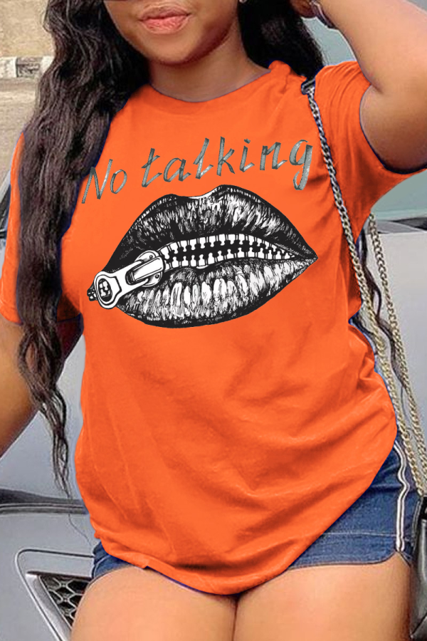 Orange Casual Street Lips Printed Patchwork Letter O Neck T-Shirts