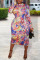 Colour Casual Print Patchwork O Neck One Step Skirt Plus Size Dresses