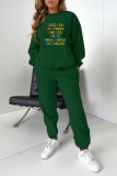 Dark Green Street Print Letter O Neck Long Sleeve Two Pieces