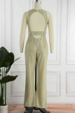 Gold Elegant Solid Sequined With Belt O Neck Straight Jumpsuits