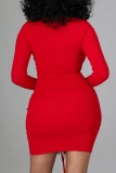 Red Sexy Solid Hollowed Out Frenulum Square Collar Long Sleeve Dresses