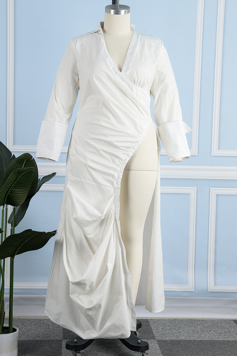 Women White Satin Pleated Fold Slim Waist Shirt