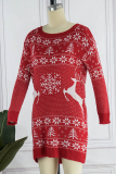 White Casual Wapiti Snowflakes Christmas Tree Printed Patchwork Contrast O Neck Dresses Sweater