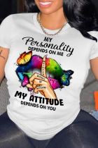 White Casual Daily Lips Printed Patchwork Letter O Neck T-Shirts