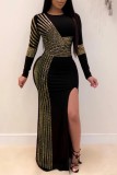 Gold Sexy Patchwork Hot Drilling Slit O Neck Long Sleeve Dresses
