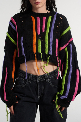 Black Casual Street Tassel Patchwork Tops