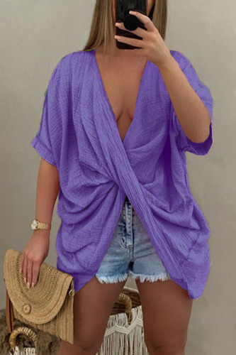 Purple Casual Solid Patchwork Asymmetrical V Neck T-Shirts