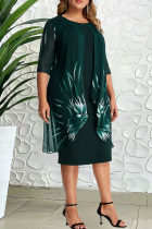 Ink Green Casual Print Patchwork O Neck Pencil Skirt Plus Size Dresses