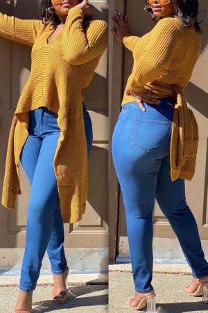 Yellow Sexy Casual Solid Bandage V Neck Mid Waist Tops