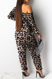 Red Casual Print Leopard Patchwork One Shoulder Harlan Jumpsuits
