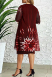 Burgundy Casual Print Patchwork O Neck Pencil Skirt Plus Size Dresses