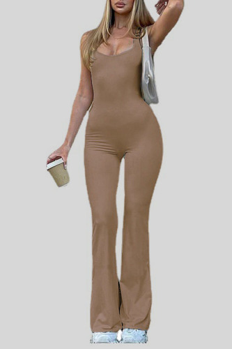 Khaki Sexy Solid Patchwork Backless Spaghetti Strap Boot Cut Jumpsuits