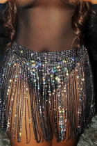 Black Sexy Solid Patchwork Sequined Hot Drill High Waist Straight Solid Color Bottoms