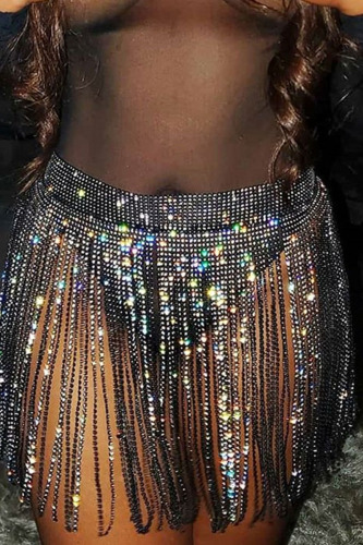 Black Sexy Solid Patchwork Sequined Hot Drill High Waist Straight Solid Color Bottoms