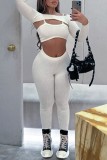 White Sexy Solid Hollowed Out O Neck Long Sleeve Three-piece Set