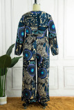 Coffee Casual Print Patchwork V Neck Plus Size Jumpsuits