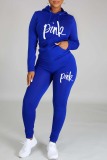 Blue Casual Letter Print Basic Hooded Collar Long Sleeve Two Pieces