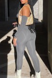 Grey Sexy Solid Backless Halter Skinny Jumpsuits (With Sleeves)