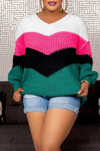 Rose Red Green Casual Solid Patchwork V Neck Tops